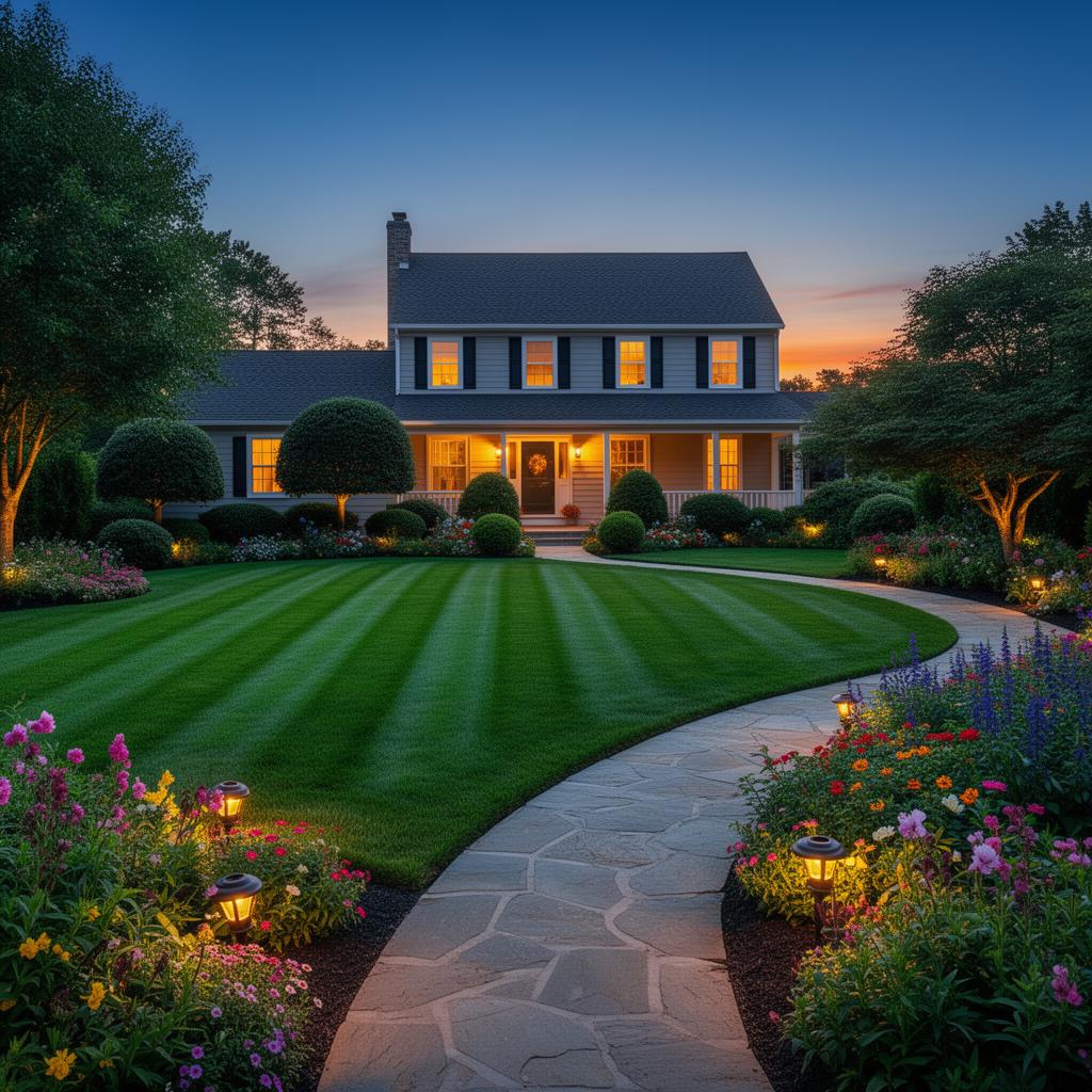 Immaculate residential lawn, garden beds, and stone path lit at twilight — property care in Chambersburg, PA by Alpha Property Care